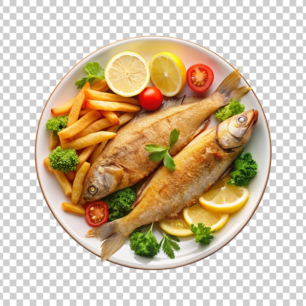 PSD a plate fried of fish with vegetables on it