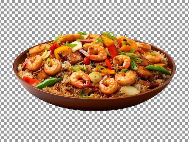 Plate of fried rice with shrimps and vegetables on transparent background