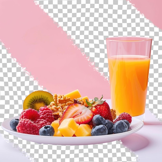 PSD a plate of fruit and a glass of orange juice with a strawberry and a strawberry