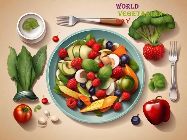 PSD a plate of fruits and vegetables with the words world fresh fruit on it