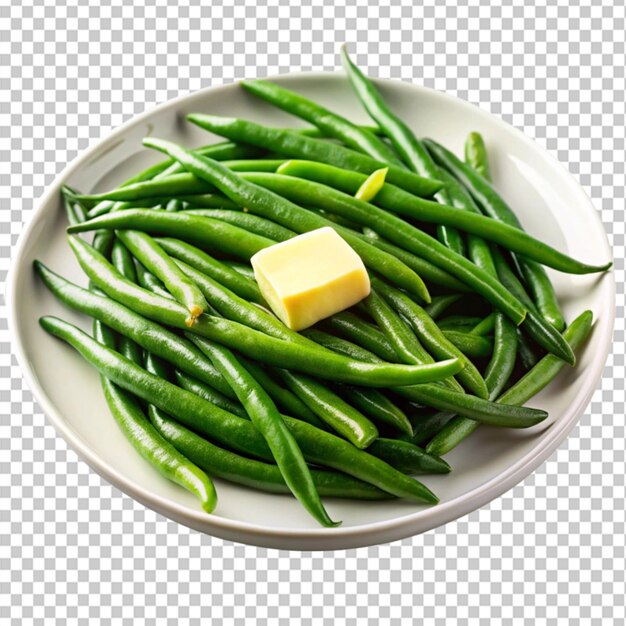 PSD a plate of greens beans and melted butter on transparent background