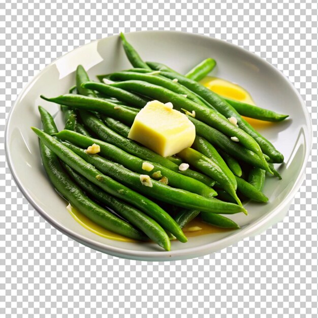 PSD a plate of greens beans and melted butter on transparent background