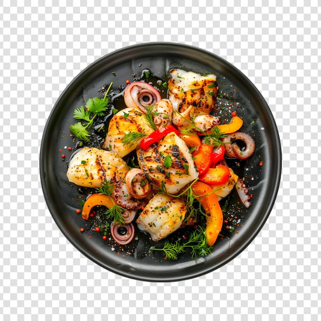 A plate of grilled barbecue octopus with vegetable and spice with white background