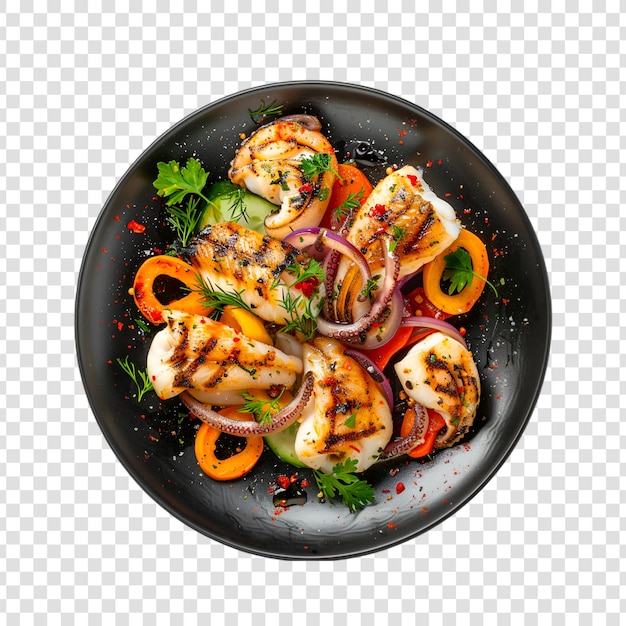 PSD a plate of grilled barbecue octopus with vegetable and spice with white background