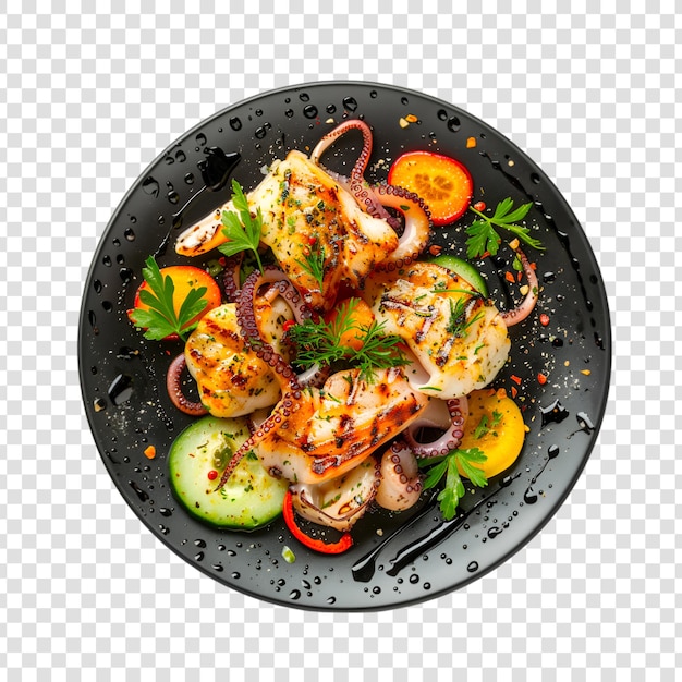 A plate of grilled barbecue octopus with vegetable and spice with white background