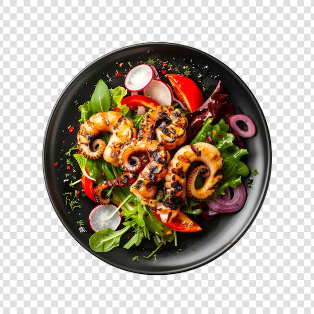 A plate of grilled barbecue octopus with vegetable and spice with white background