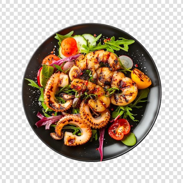 A plate of grilled barbecue octopus with vegetable and spice with white background