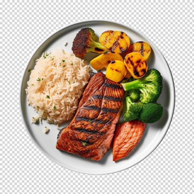 plate of grilled salmon steak rice and vegetables isolate on white