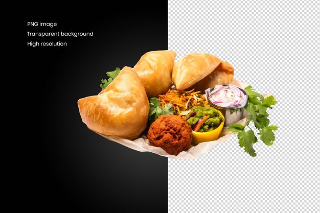 PSD a plate of indian snacks including samosas a veggie patty and chutneys background removed