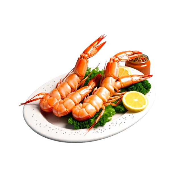 plate of lobsters and lemons on a white background