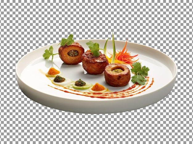 PSD plate of meat pieces with vegetable slices on transparent background