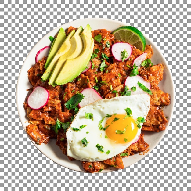 Plate of mexican food with a fried egg and avocado on transparent background