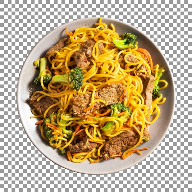 Plate of noodles with meat and broccoli on transparent background