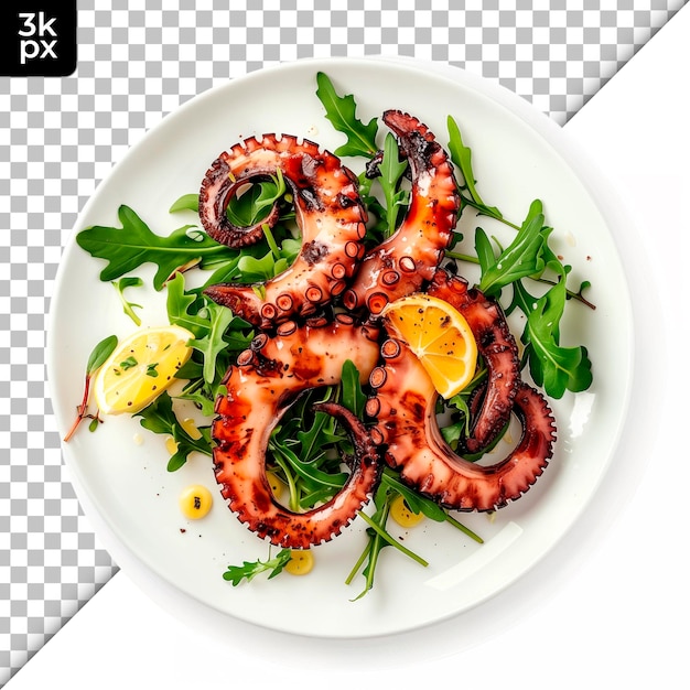 a plate of octopus with green leaves and yellow lemons