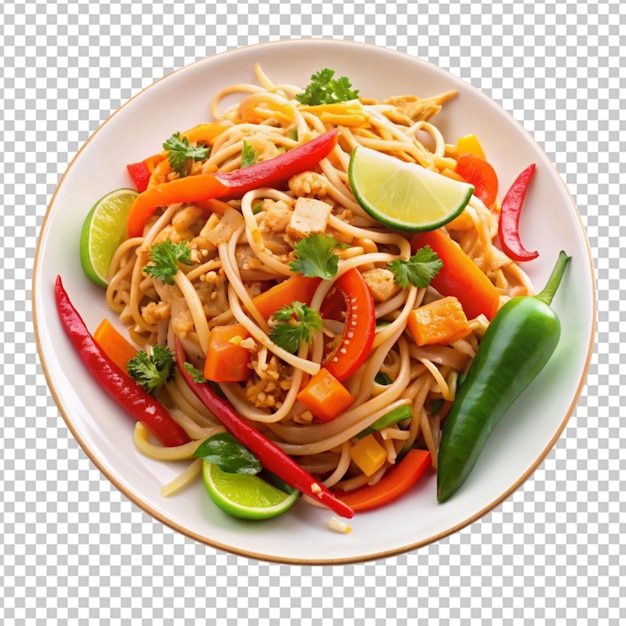 plate of pad Thai noodles and vegetables featuring on transparent background