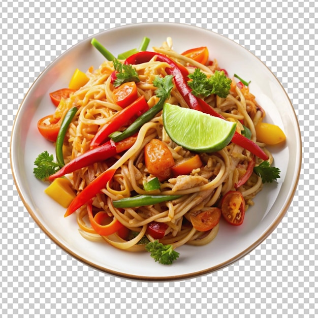 plate of pad Thai noodles and vegetables featuring on transparent background