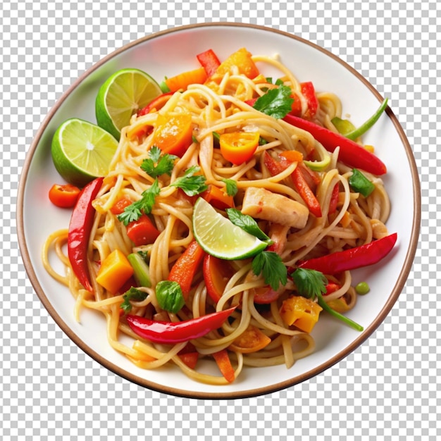 plate of pad Thai noodles and vegetables featuring on transparent background