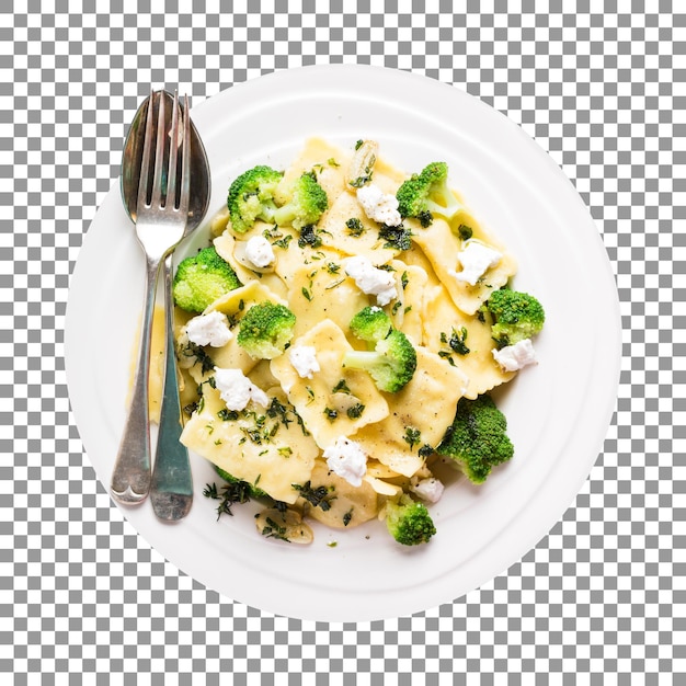 Plate of pasta with broccoli and cheese on transparent background