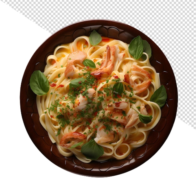 a plate of pasta with shrimp and vegetables on it