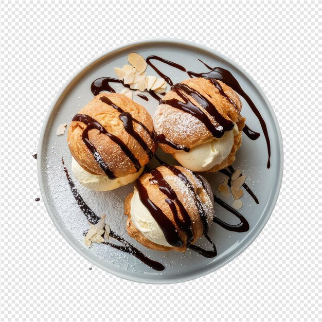 PSD a plate of pastries with chocolate drizzled on the top