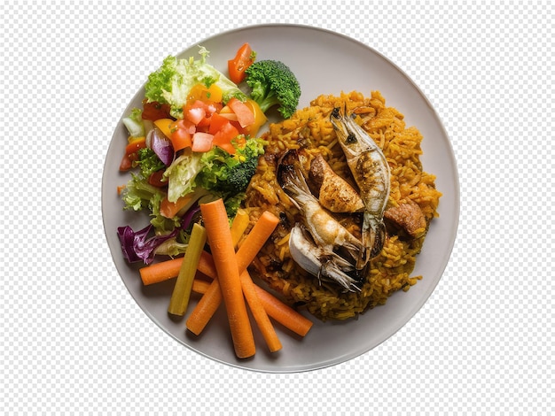 PSD a plate of rice rice and vegetables with shrimp and broccoli