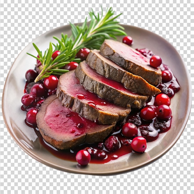 PSD a plate of roasted venison with cranberry sauce isolated on transparent background