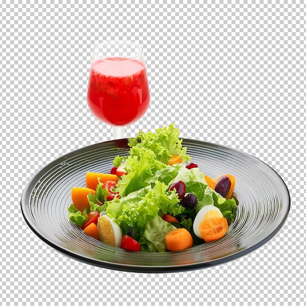 a plate of salad and a glass of red juice