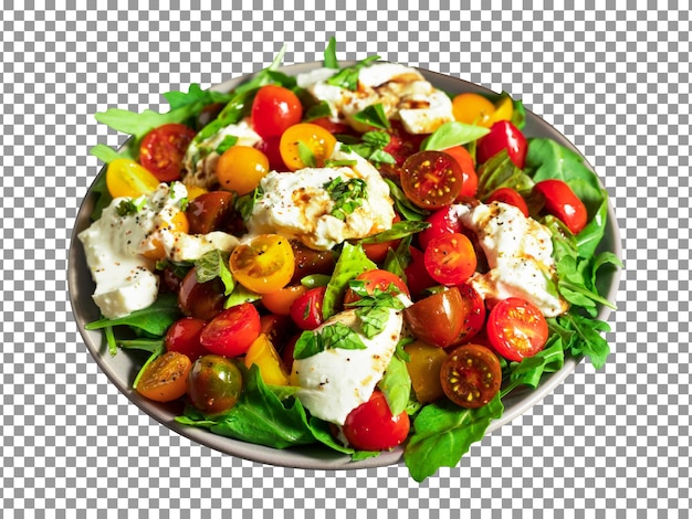 Plate of salad with a tomato and cheese on transparent background