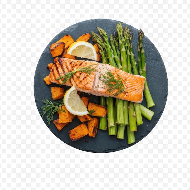 PSD a plate of salmon asparagus and lemon slices