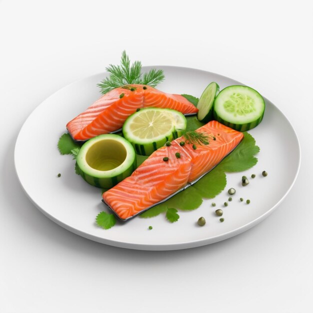 PSD a plate of salmon and avocado with a green garnish