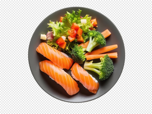 PSD a plate of salmon and broccoli with a side of vegetables