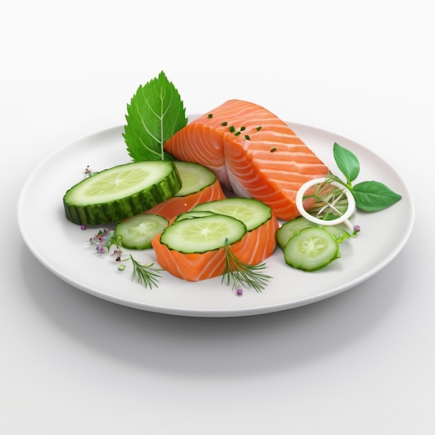 PSD a plate of salmon cucumber and cucumber on a white background