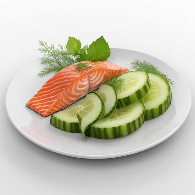 PSD a plate of salmon and cucumber slices on a white plate