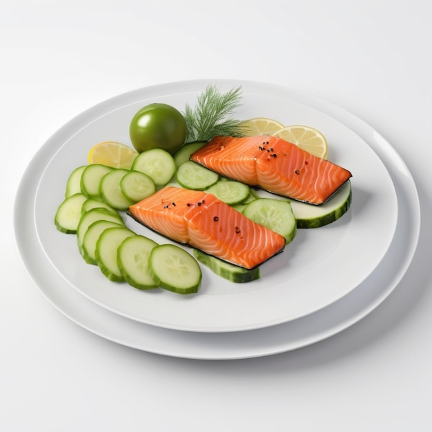 PSD a plate of salmon and cucumber with cucumber on it