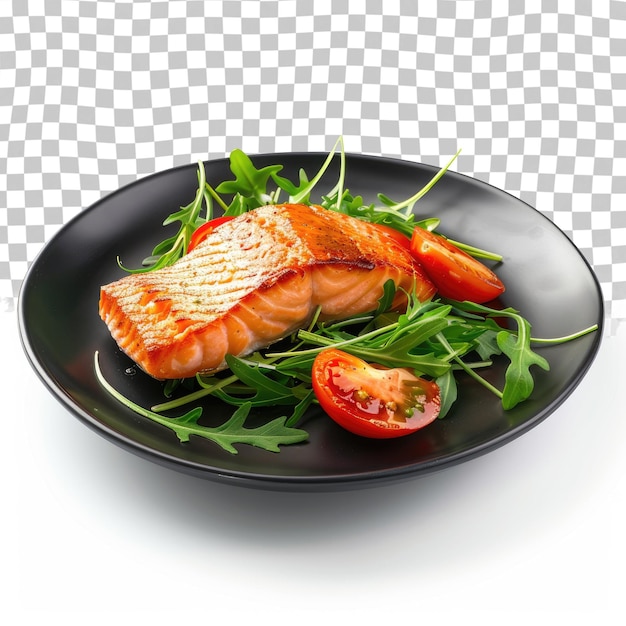 PSD a plate of salmon and greens with a black plate of vegetables