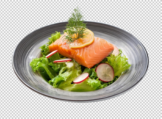 PSD a plate of salmon and lettuce with a salad