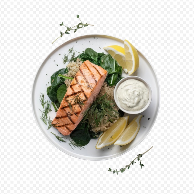 PSD a plate of salmon salad and a lemon wedge