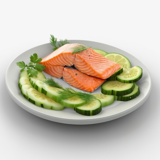 PSD a plate of salmon with a green leaf on it