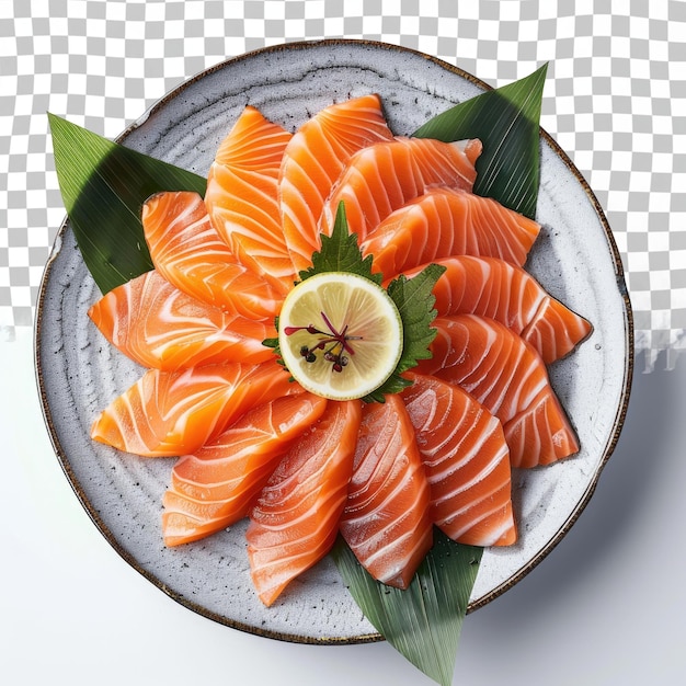 PSD a plate of salmon with a lemon wedge on top of it