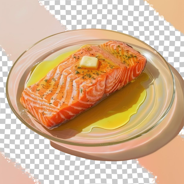 a plate of salmon with a piece of lemon on it