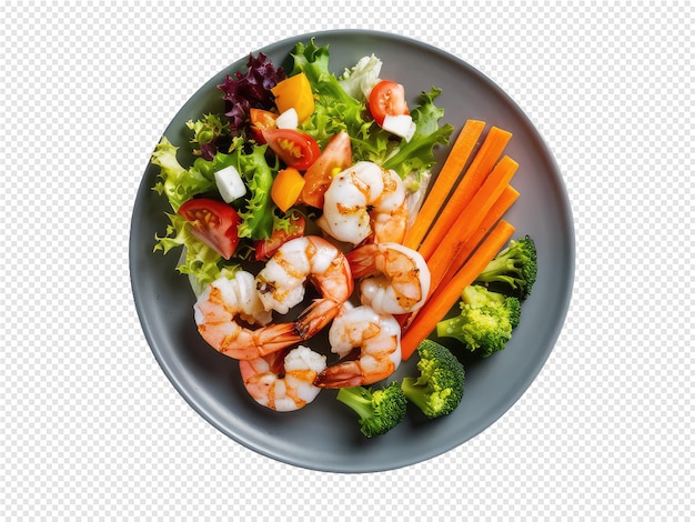 a plate of shrimp broccoli carrots and celery