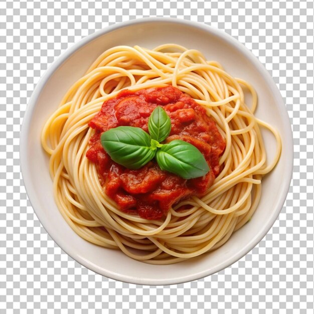 PSD plate of spaghetti with red sauce and basil leave isolated on transparent background