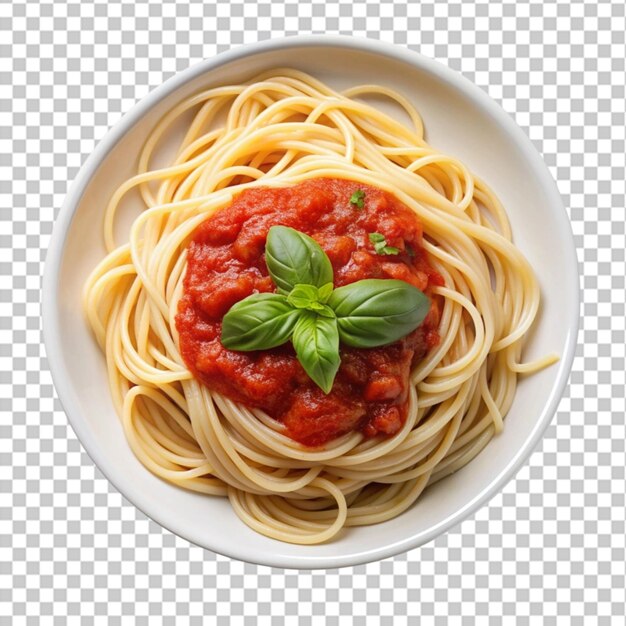 PSD plate of spaghetti with red sauce and basil leave isolated on transparent background