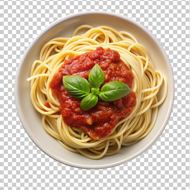 PSD plate of spaghetti with red sauce and basil leave isolated on transparent background