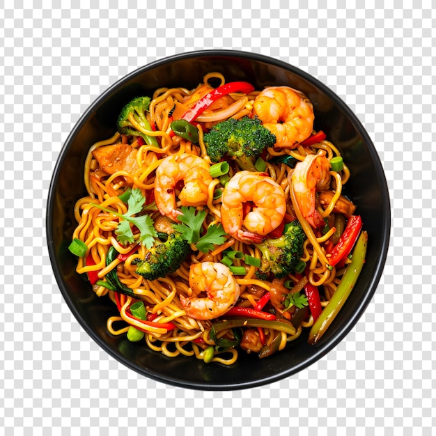 A plate of spaghetti with vegetable and shrimp on a transparent background