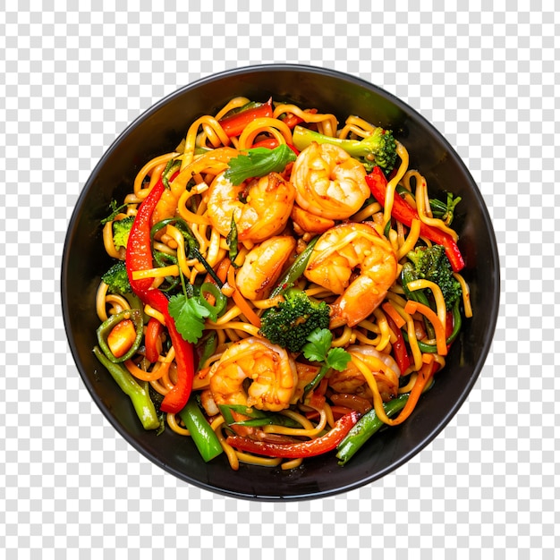 A plate of spaghetti with vegetable and shrimp on a transparent background