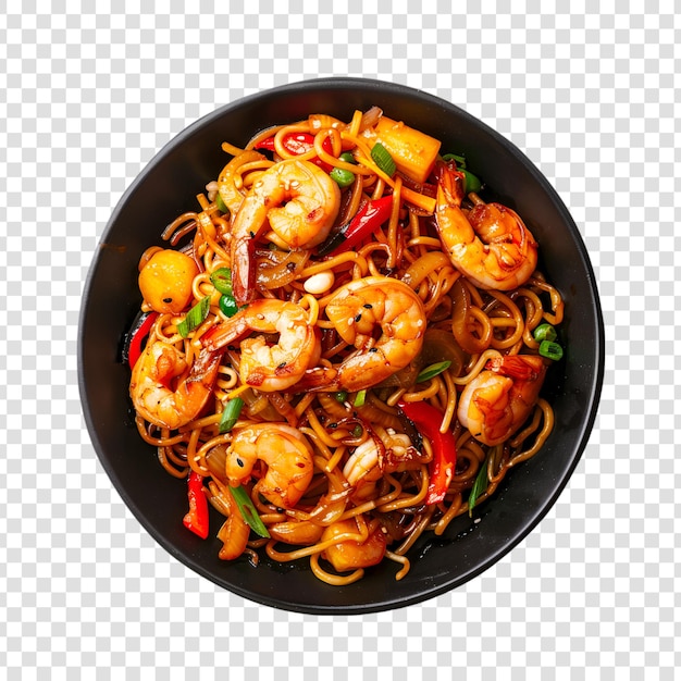 A plate of spaghetti with vegetable and shrimp on a transparent background