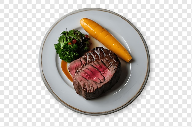 PSD a plate of steak vegetables and a carrot on a plate