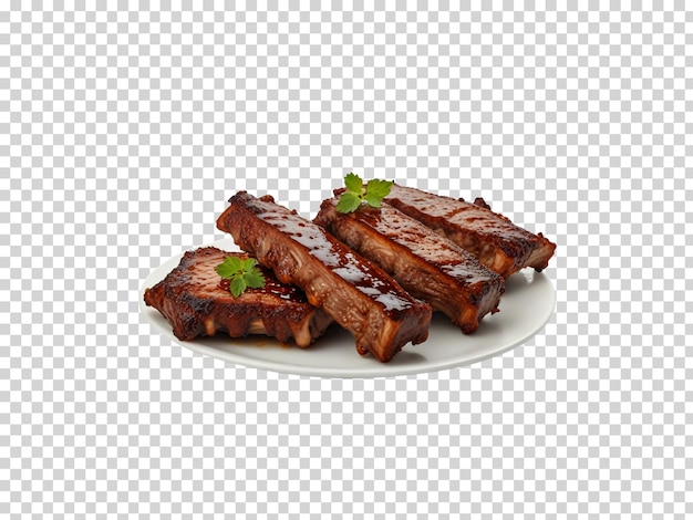 a plate of steaks with a green leaf on the top