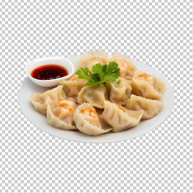 Plate of steamed dumplings on transparent background